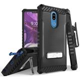 Black Tri-Shield Rugged Case Cover and Belt Clip Holster [with Metal Kickstand + Wrist Strap Lanyard] for LG Stylo 5 Stylus-5