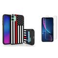 BC Duo Shield Series Case Compatible with iPhone 11 Slim Dual Layer 2 Card Holder Hidden Slide-Out Storage Compartment Wallet Cover with Tempered Glass Screen Protector - Thin Red Line USA Flag