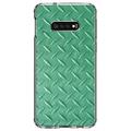 DistinctInk Clear Shockproof Hybrid Case for Samsung Galaxy S10e (5.8 Screen) - TPU Bumper Acrylic Back Tempered Glass Screen Protector - Green Diamond Plate Steel Image - Printed Diamond Plate