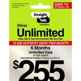 Straight Talk $255 Silver Unlimited Talk Text & Data 180-Day Prepaid Plan + 10GB Hotspot Data + Int l Calling e-PIN Top Up (Email Delivery)