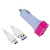 Car/DC Charger for Motorola Moto G5 G5 Plus E3 Power G4 G4 Play G4 Plus (3 USB Port Data Charging Cable included) - White/ Hot Pink + MND Stylus