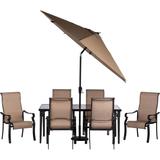 Hanover BRIGDN7PC-GLS-SU Brigantine Tan Aluminum 7-piece Outdoor Dining Set with Glass Top Table and 9-foot Umbrella