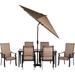 Hanover BRIGDN7PC-GLS-SU Brigantine Tan Aluminum 7-piece Outdoor Dining Set with Glass Top Table and 9-foot Umbrella