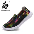 STRONGSHEN femmes chaussures été chaussures plates décontractées respirer femme baskets tissé chaussures de marche sans lacet dames mocassins chaussures à la main