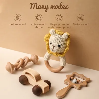 Let's Make-Ensemble de hochets en bois pour tout-petits dessin animé animal crochet voiture