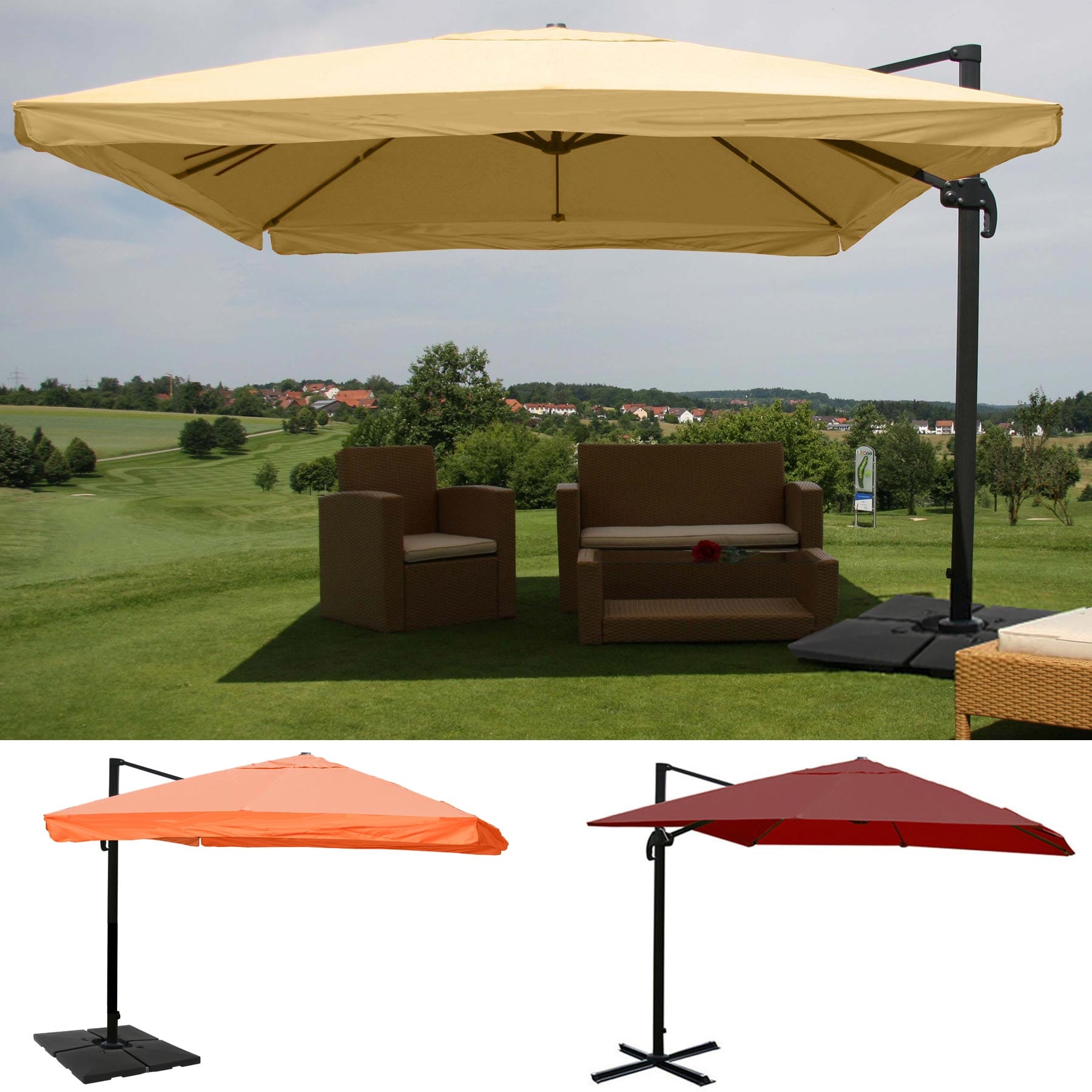 Gastronomie-Ampelschirm HWC-A96, Sonnenschirm, 3x4m (Ø5m) Polyester/Alu 26kg ~ creme-grau ohne Ständer, drehbar Image