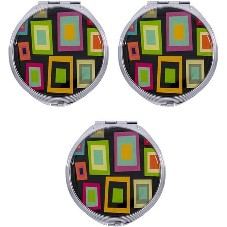 Set of 3 Double Sided Magnifying Compact Slim Mirrors With Printed Insert (Circle - Retro Squares)