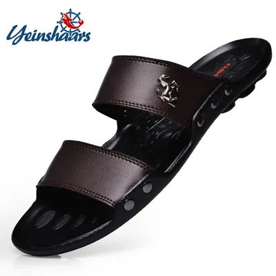 YEINSHAARS-Sandales décontractées en cuir pour hommes chaussures de marque célèbre pantoufles