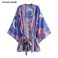 Kimono mi-long bohème pour femmes bleu imprimé espace lune fleur chemise de vacances plage