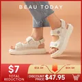 BeauToday – sandales à plateforme pour femmes en tissu écossais à bout rond en treillis avec
