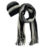 Mens Gray Black & White Stripe Winter Knit Hat & Scarf Set