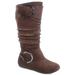 Bank-81 Women's Fashion Zipper Big Buckle Slouch Casual Flat Heel Mid Calf Round Toe Boots