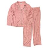 Womens Pink & White Polka Dot Fleece Pajamas Button Front Sleepwear Set