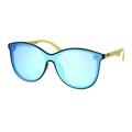 Womens Bamboo Wood Arm Shield Panel Horn Sunglasses Black Blue Mirror