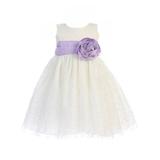 Lito Little Girls Ivory Glitter Tulle Lilac Sash Rose Flower Girl Dress