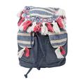 Blue Denim, Pink and Beige Print 14 inch Drawstring with Flap Book Bag Backpack (Denim, Pink, Tassels)