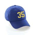Customized Number Hat 00 to 99 Team Colors Baseball Cap, Blue Hat White Gold Number 35