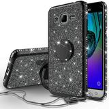 Galaxy J3 Case Galaxy Sky Case J36v Case Galaxy Express Prime Galaxy Sol Galaxy Amp Prime Case Bling Diamond Rhinestone Bumper Ring Stand Sparkly Clear Soft Protective for Women Black