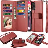 Takfox iPhone 12 Case iPhone 12 Pro Case Cover 9 Card Holder PU Leather Kickstand Wrist Strap Protective Wallet Case for Women Apple iPhone 12/12 Pro 6.1 inch (2020) Wine Red