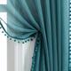 MISS SELECTEX Linen Look Pom Pom Tasseled Sheer Curtains - Rod Pocket Voile Semi-Sheer Curtains for Living and Bedroom, Set of 2 Curtain Panels (52 x 95 inch, Teal)