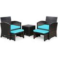 Gymax 5PCS Rattan Patio Furniture Set Chair & Ottoman Set w/ Turquoise Cushions