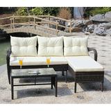3 Piece Patio Furniture Set All-Weather Outdoor Sectional Sofa Set PE Rattan Conversation Set with Table & Cushions Wicker Furniture Couch Set for Patio Deck Garden Poolside Yard