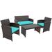 Gymax 4PCS Patio Conversation Set Outdoor Rattan Furniture Set w/ Turquoise Cushions