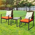 Outdoor 3-Piece Meeting Bistro set Black Wicker Furniture-Two Chairs with Glass Coffee Table Orange