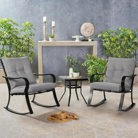 SUNCROWN 3-Piece Outdoor Patio Bistro Set Black Metal Rocking Chairs and Table with Gray Cushions