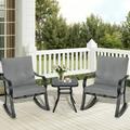 SUNCROWN 3-Piece Outdoor Patio Bistro Set Black Metal Rocking Chairs and Table with Gray Cushions
