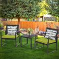 Patio 3-Piece Conversation Black Wicker Furniture-Two Chairs with Glass Coffee Table Green