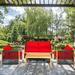 Gymax 4PCS Acacia Wood Outdoor Patio Furniture Conversation Set W/ Red Cushions