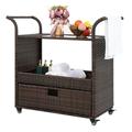 SalonMore Patio Serving Cart Rattan Wicker Bar Cart Trolley Outdoor Patio Cart with Handle and Wheels Classic Desing Cart Brown