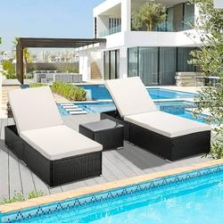 3-Piece Adjustable PE Rattan Chaise Lounge Set Wicker Patio Lounge Chair with Seat Cushion and Side Table Outdoor Lounger Recliner for Garden Balcony Poolside Patio Deck Backyard TR21