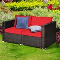 Gymax 2PCS Rattan Corner Sofa Set Patio Outdoor Furniture Set w/ 4 Red Cushions