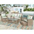 4pc Outdoor Rattan Furniture Set Loveseat Sofa Cushioned Patio Garden All Weather Outdoor Sectional Sofa with Ottoman and Cushions Beige