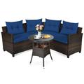 Patiojoy 4PCS Outdoor Patio Conversation Set Wicker Rattan Sectional Sofa W/Navy Cushions