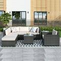 8 Piece Patio Outdoor Furniture Set PE Rattan Sectional Sofa Set with 2 Tea Tables Ottoman & Washable Cushions All-Weather Wicker Conversation Couch Set for Patio Deck Garden Backyard K2448