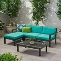 Faviola Ana Outdoor 3 Seater Acacia Wood Sofa Sectional with Cushions Dark Gray and Teal