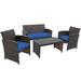 Gymax 4PCS Patio Conversation Set Outdoor Rattan Furniture Set w/ Navy Cushions