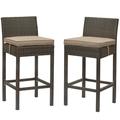 Contemporary Modern Urban Designer Outdoor Patio Balcony Garden Furniture Bar Side Stool Chair Set of Two Fabric Rattan Wicker Brown