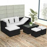 Dcenta 4 Piece Conversation Set Cushioned Corner Sofa with Coffee Table and 2 Ottoman Black Poly Rattan Sectional Sofa Set for Balcony Backyard Garden Patio Outdooor Furbiture