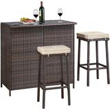 Topeakmart 3-Outdoor Rattan Patio Bar Set Conversation Set Patio Furniture with Glass Top & 2 Stools