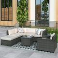 8 Pieces Patio PE Rattan Sofa Chair Set Outdoor Sectional Seating Group Low Back Deck Conversation Sofa Set w/Ottoman 2 Tables and Beige Cushions Porch Garden Poolside Balcony Use Furniture