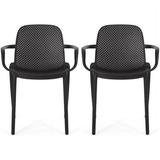 Noble House Gardenia Plastic Stacking Patio Dining Arm Chair in Black (Set of 2)