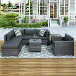 enyopro 8 Piece Patio Outdoor Furniture Set PE Rattan Sectional Sofa Set with 2 Tables Ottoman & Washable Cushions All-Weather Wicker Conversation Couch Set for Patio Deck Garden Backyard K2457