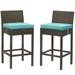 Contemporary Modern Urban Designer Outdoor Patio Balcony Garden Furniture Bar Side Stool Chair Set of Two Fabric Rattan Wicker Brown Blue