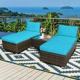 Gymax 5PCS Outdoor Patio Furniture Set w/ Coffee Table Ottoman Turquoise Cushion