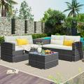 4 Piece Patio Furniture with Storage PE Rattan Sofa Set with Dining Table and Storage Box Wicker Cushioned Sofa Set Outdoor Sectional Sofa for Garden Deck Poolside Backyard JA2623