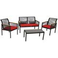 Sunnydaze Coachford 4-Piece Black Resin Rattan Outdoor Patio Furniture Set - Red Cushions